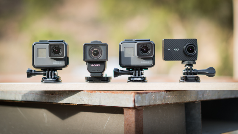 The rig I built for comparing footage. From left to right: GoPro Hero5, Sony X3000R, GoPro Hero6, Yi 4k+.